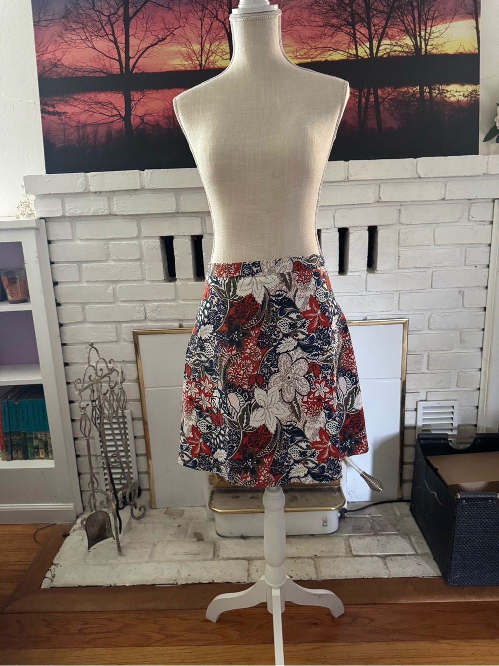Floral A-Line Skirt in Red, Navy & White